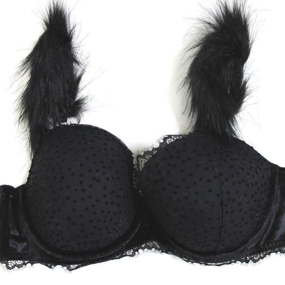 Victoria's Secret Lace Velvet Faux Fur Plunge Demi Bra Size 34DD
